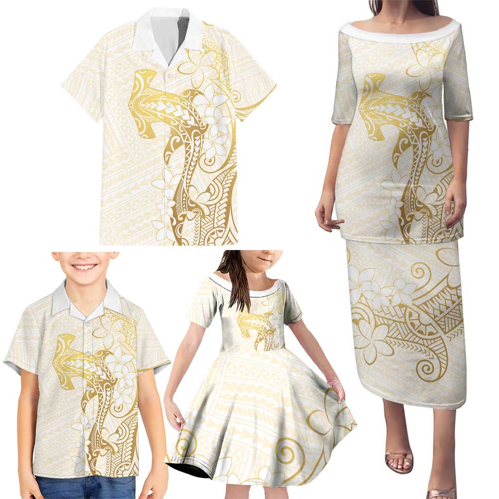Gold and White Hawaii Family Matching Puletasi and Hawaiian Shirt Hammerhead Shark Tattoo Curve Polynesian - Polynesian Pride