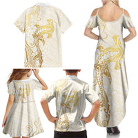 Gold and White Hawaii Family Matching Summer Maxi Dress and Hawaiian Shirt Hammerhead Shark Tattoo Curve Polynesian - Polynesian Pride