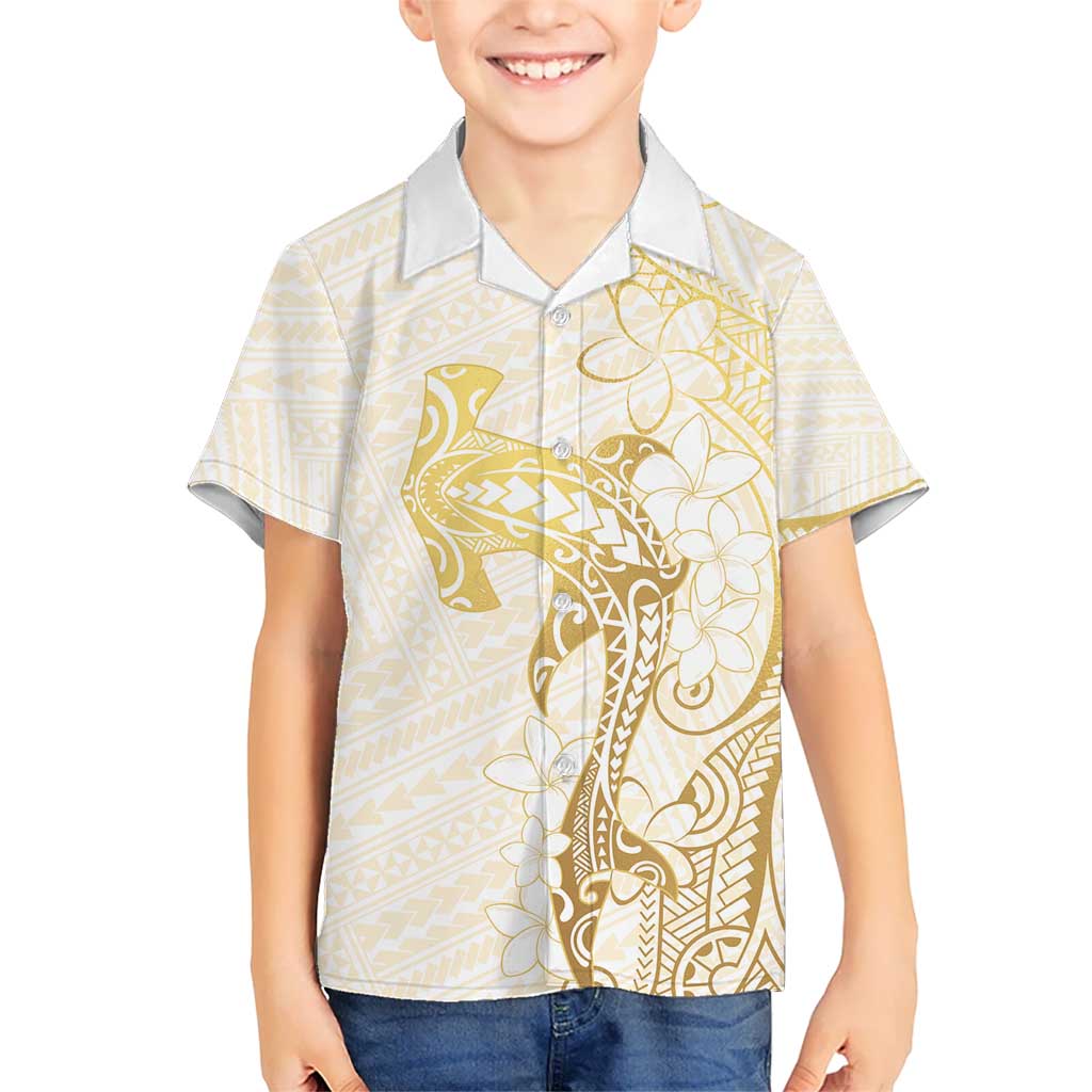 Gold and White Hawaii Kid Hawaiian Shirt Hammerhead Shark Tattoo Curve Polynesian LT14 Kid White - Polynesian Pride