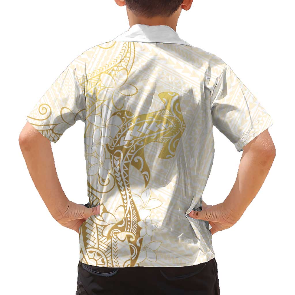 Gold and White Hawaii Kid Hawaiian Shirt Hammerhead Shark Tattoo Curve Polynesian - Polynesian Pride