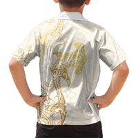 Gold and White Hawaii Kid Hawaiian Shirt Hammerhead Shark Tattoo Curve Polynesian - Polynesian Pride