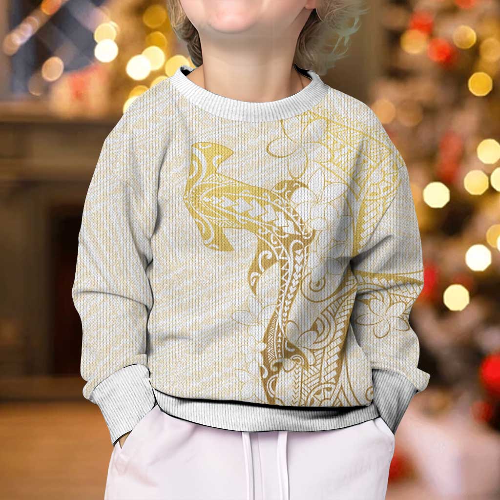 Gold and White Hawaii Kid Ugly Christmas Sweater Hammerhead Shark Tattoo Curve Polynesian - Polynesian Pride