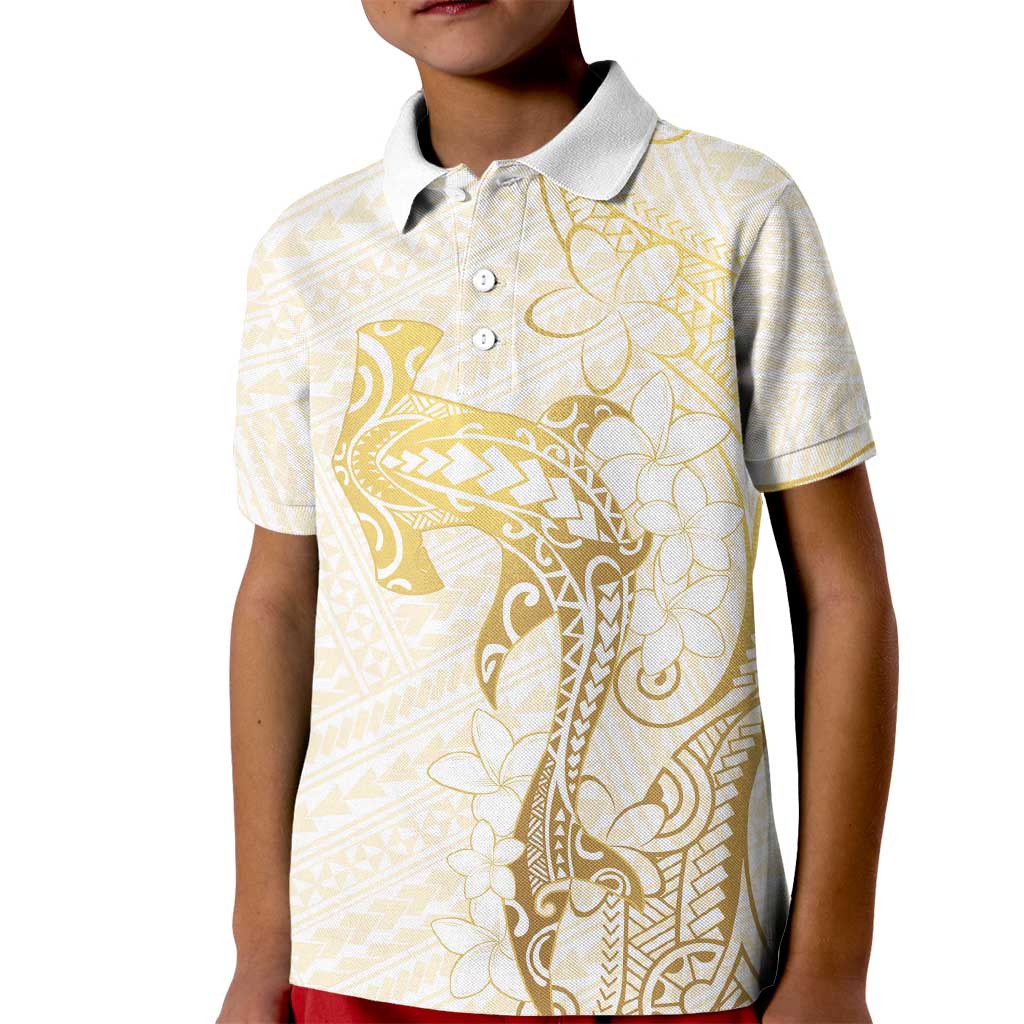 Gold and White Hawaii Kid Polo Shirt Hammerhead Shark Tattoo Curve Polynesian LT14 Kid White - Polynesian Pride