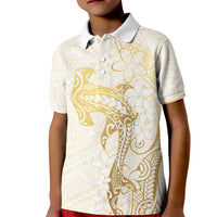 Gold and White Hawaii Kid Polo Shirt Hammerhead Shark Tattoo Curve Polynesian LT14 Kid White - Polynesian Pride