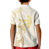 Gold and White Hawaii Kid Polo Shirt Hammerhead Shark Tattoo Curve Polynesian LT14 - Polynesian Pride