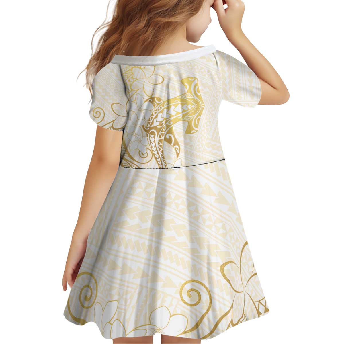 Gold and White Hawaii Kid Short Sleeve Dress Hammerhead Shark Tattoo Curve Polynesian - Polynesian Pride