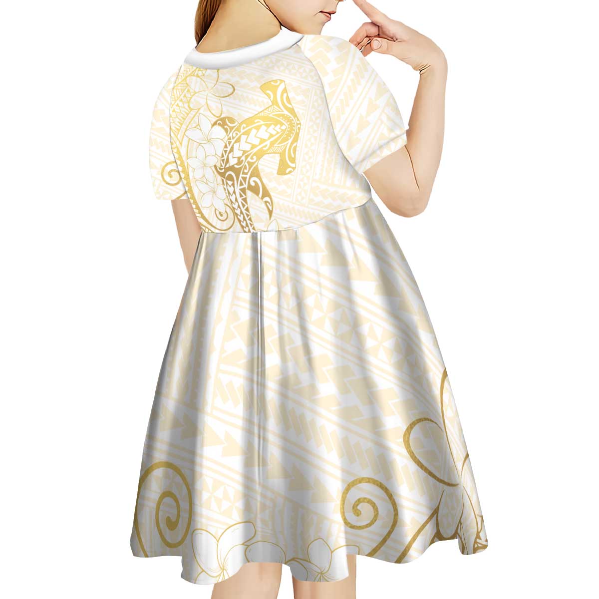 Gold and White Hawaii Kid Short Sleeve Dress Hammerhead Shark Tattoo Curve Polynesian - Polynesian Pride