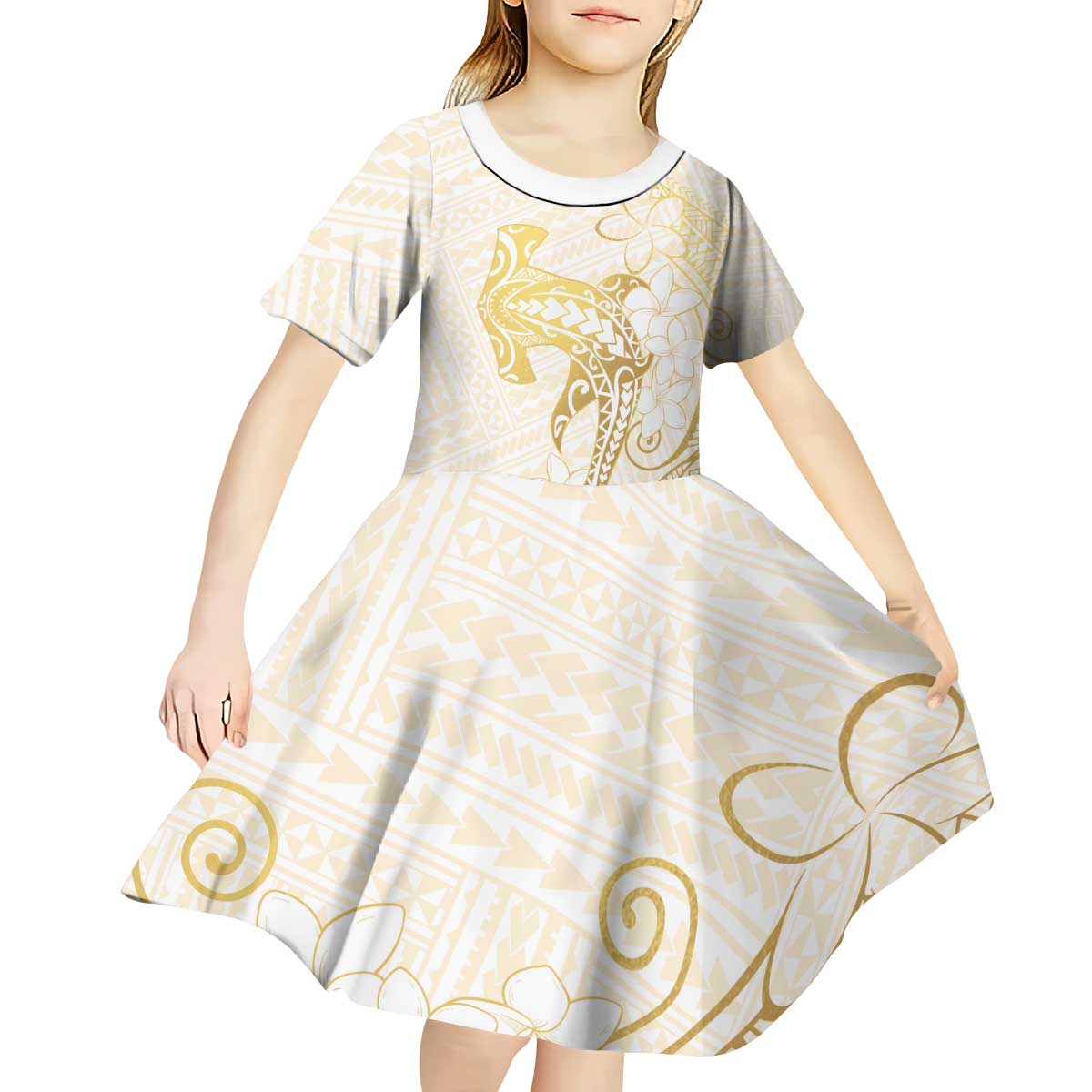 Gold and White Hawaii Kid Short Sleeve Dress Hammerhead Shark Tattoo Curve Polynesian - Polynesian Pride