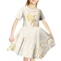 Gold and White Hawaii Kid Short Sleeve Dress Hammerhead Shark Tattoo Curve Polynesian - Polynesian Pride
