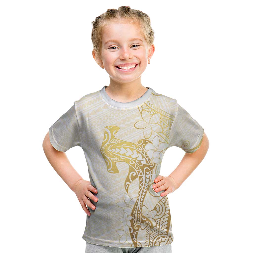 Gold and White Hawaii Kid T Shirt Hammerhead Shark Tattoo Curve Polynesian LT14 White - Polynesian Pride