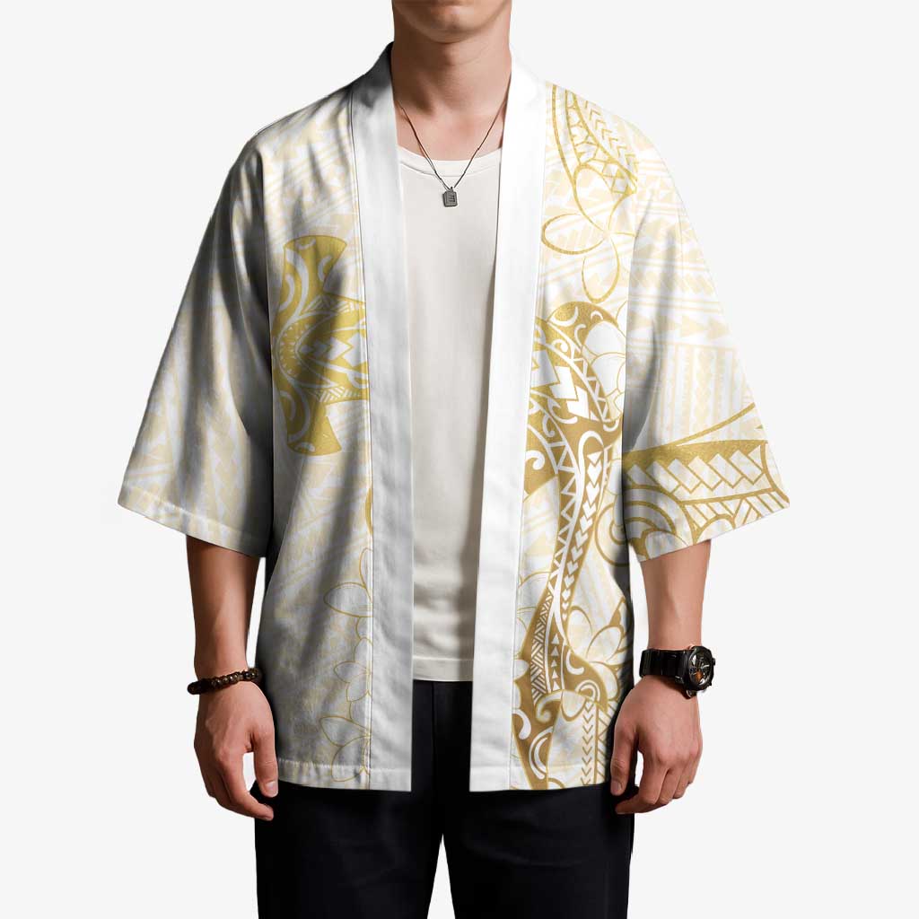 Gold and White Hawaii Kimono Hammerhead Shark Tattoo Curve Polynesian - Polynesian Pride