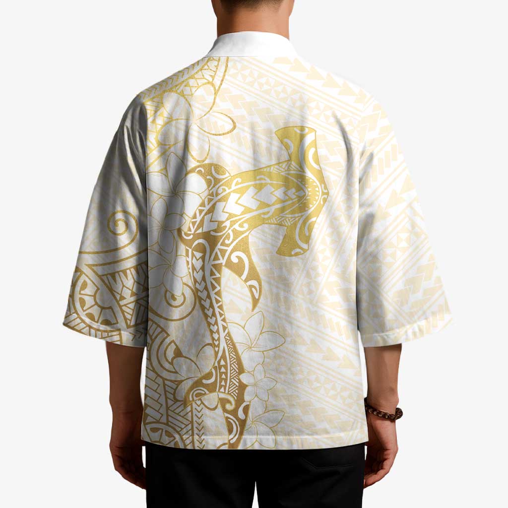 Gold and White Hawaii Kimono Hammerhead Shark Tattoo Curve Polynesian - Polynesian Pride
