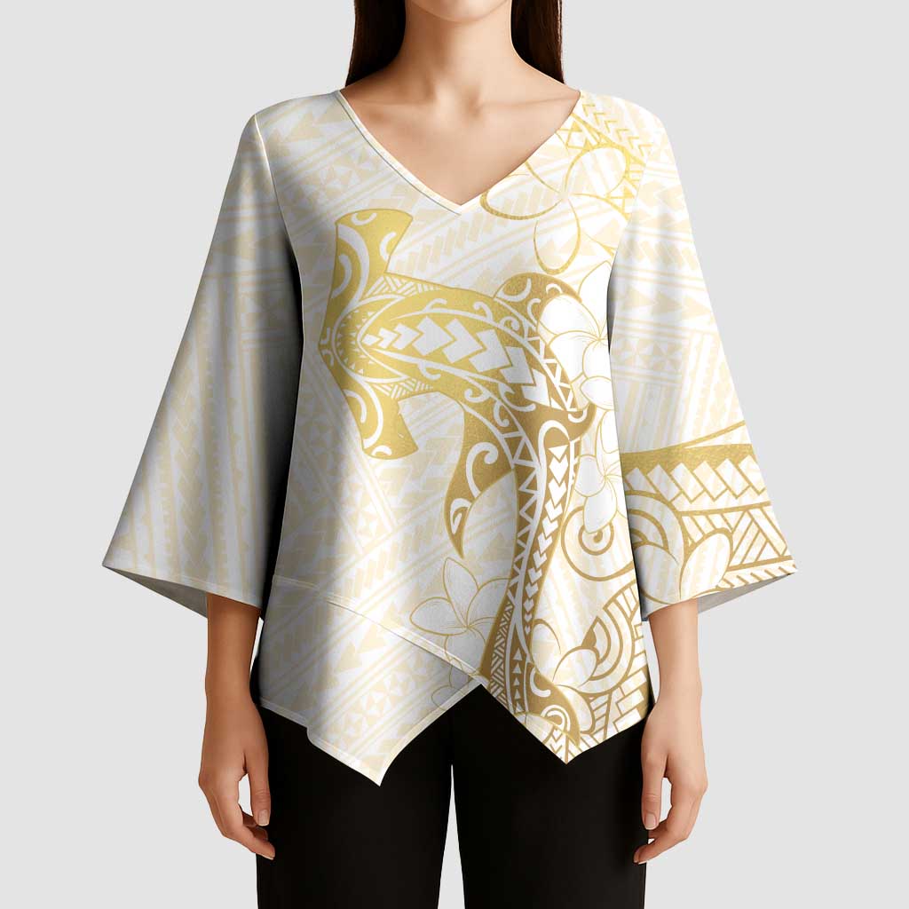 Gold and White Hawaii Kimono Sleeve Blouse Hammerhead Shark Tattoo Curve Polynesian - Polynesian Pride