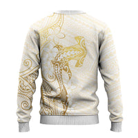 Gold and White Hawaii Ugly Christmas Sweater Hammerhead Shark Tattoo Curve Polynesian - Polynesian Pride