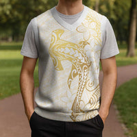 Gold and White Hawaii Christmas Knitted V-Neck Vest Hammerhead Shark Tattoo Curve Polynesian - Polynesian Pride