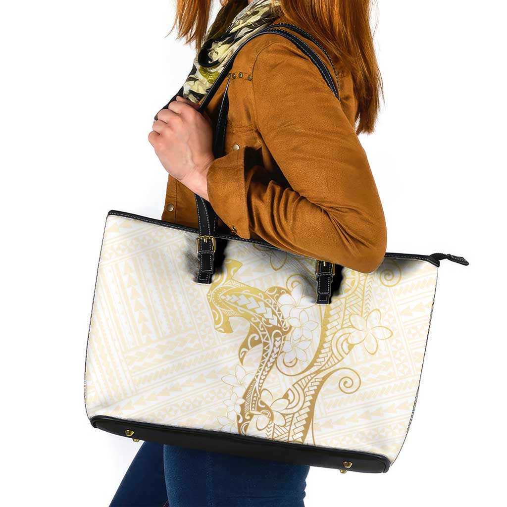 Gold and White Hawaii Leather Tote Bag Hammerhead Shark Tattoo Curve Polynesian LT14 White - Polynesian Pride