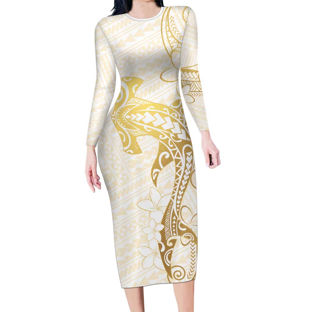 Gold and White Hawaii Long Sleeve Bodycon Dress Hammerhead Shark Tattoo Curve Polynesian - Polynesian Pride