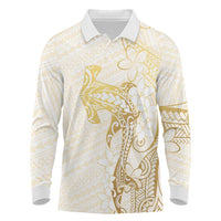 Gold and White Hawaii Long Sleeve Polo Shirt Hammerhead Shark Tattoo Curve Polynesian LT14 White - Polynesian Pride