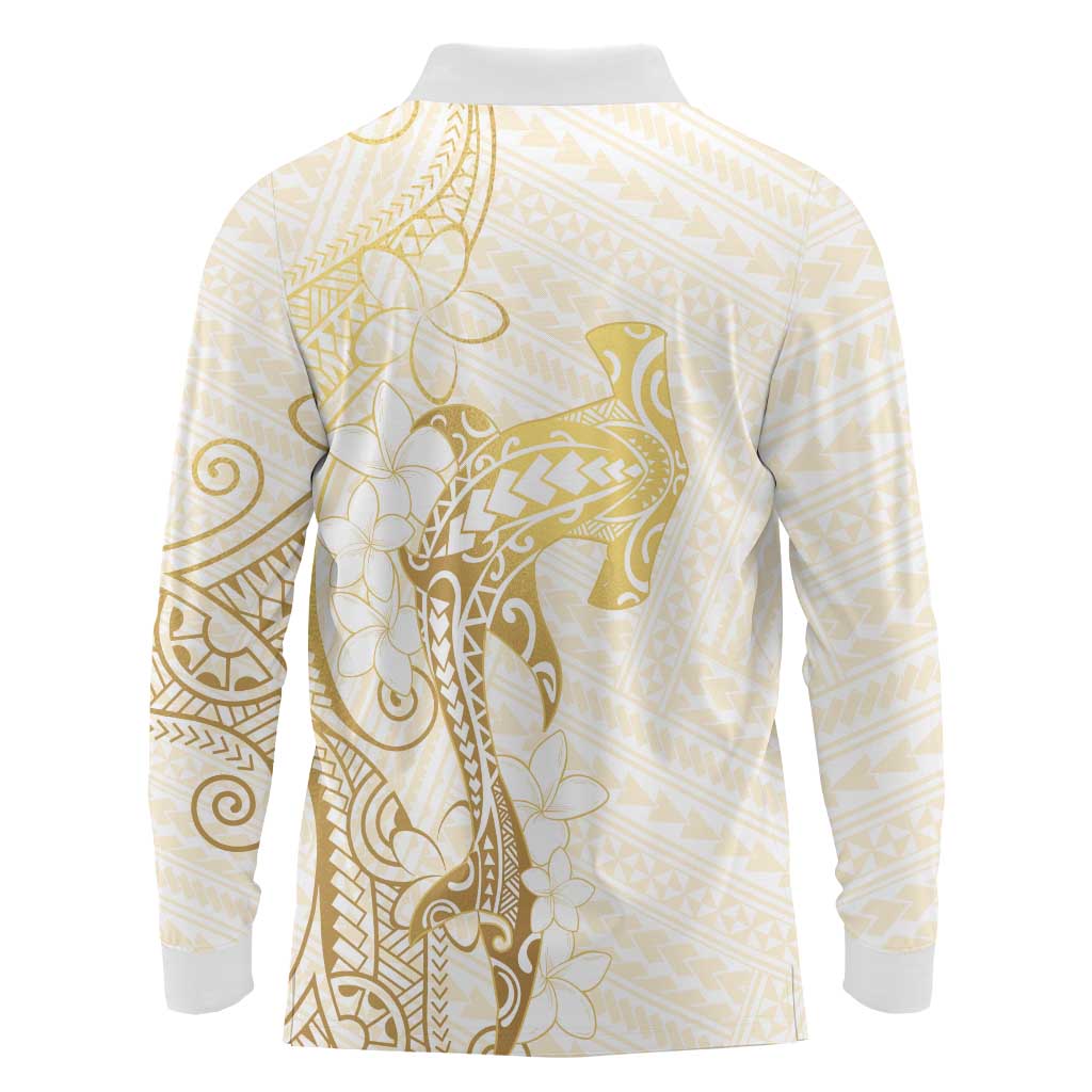 Gold and White Hawaii Long Sleeve Polo Shirt Hammerhead Shark Tattoo Curve Polynesian LT14 - Polynesian Pride