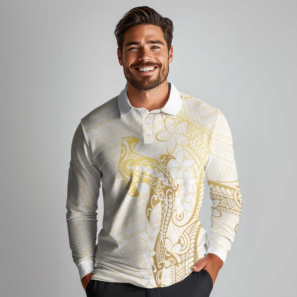 Gold and White Hawaii Long Sleeve Polo Shirt Hammerhead Shark Tattoo Curve Polynesian LT14 - Polynesian Pride