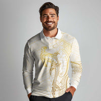 Gold and White Hawaii Long Sleeve Polo Shirt Hammerhead Shark Tattoo Curve Polynesian LT14 - Polynesian Pride