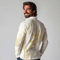 Gold and White Hawaii Long Sleeve Polo Shirt Hammerhead Shark Tattoo Curve Polynesian LT14 - Polynesian Pride