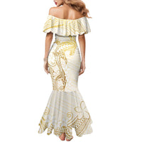 Gold and White Hawaii Mermaid Dress Hammerhead Shark Tattoo Curve Polynesian - Polynesian Pride