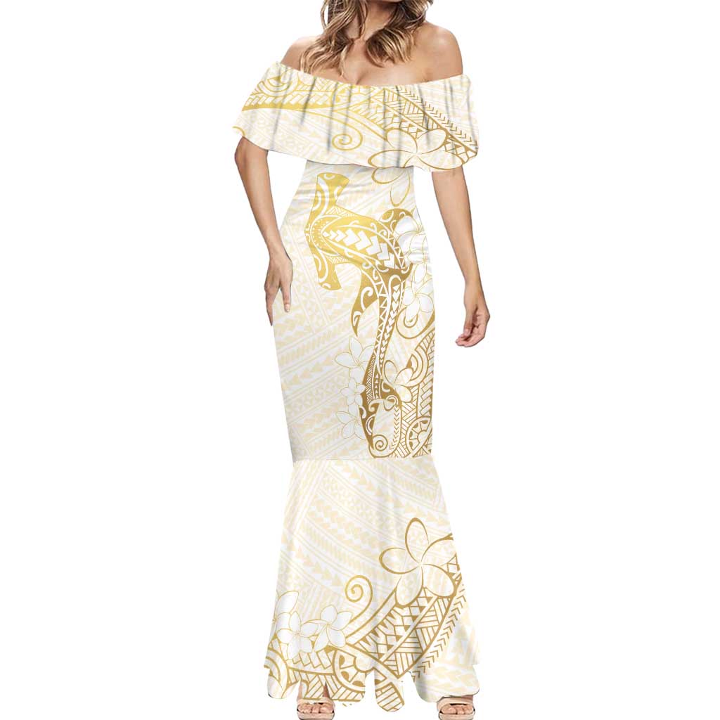Gold and White Hawaii Mermaid Dress Hammerhead Shark Tattoo Curve Polynesian - Polynesian Pride