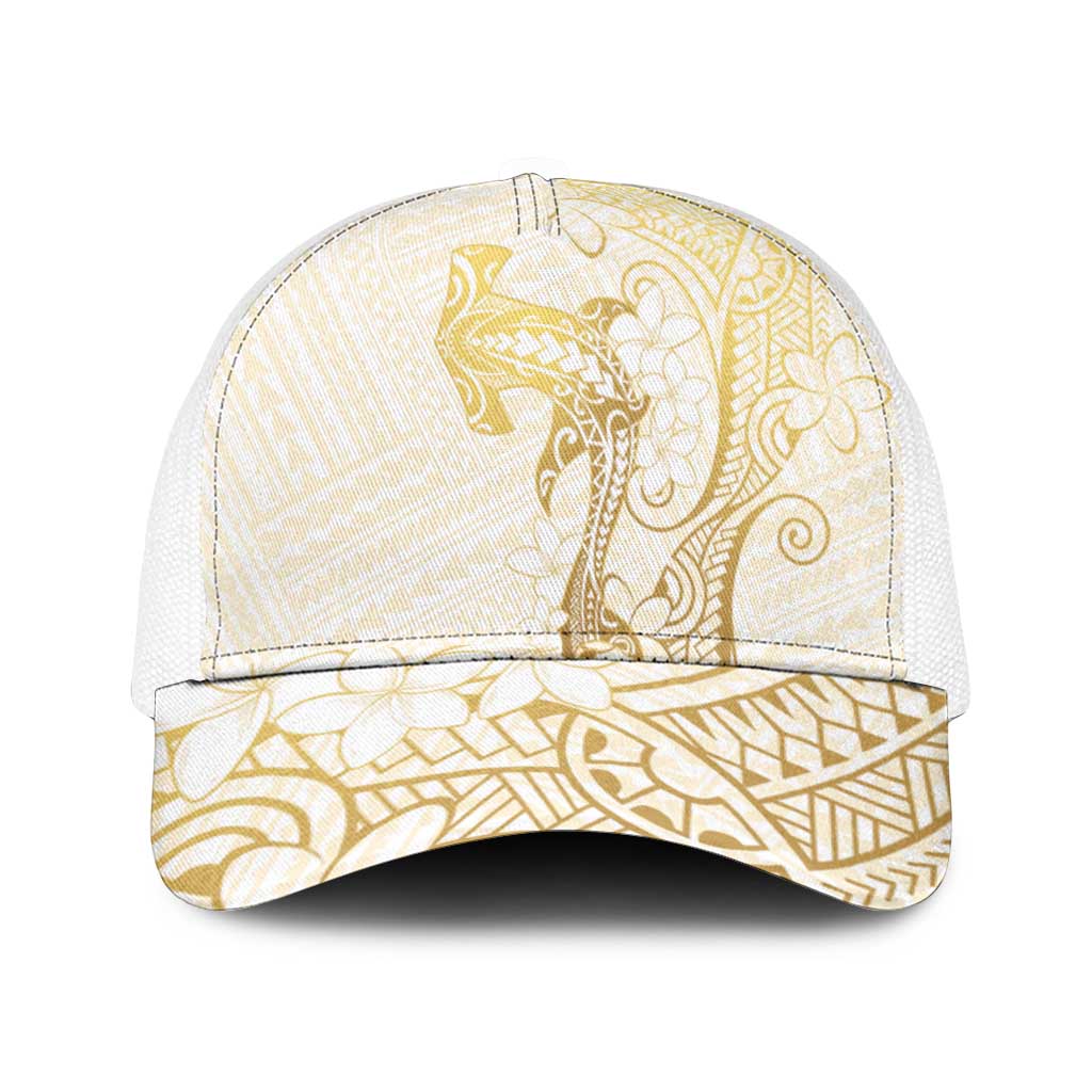 Gold and White Hawaii Mesh Trucker Cap Hammerhead Shark Tattoo Curve Polynesian - Polynesian Pride