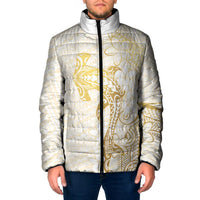 Gold and White Hawaii Padded Jacket Hammerhead Shark Tattoo Curve Polynesian - Polynesian Pride