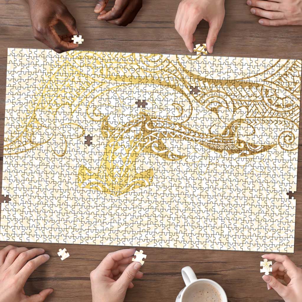 Gold and White Hawaii Puzzle Hammerhead Shark Tattoo Curve Polynesian - Polynesian Pride