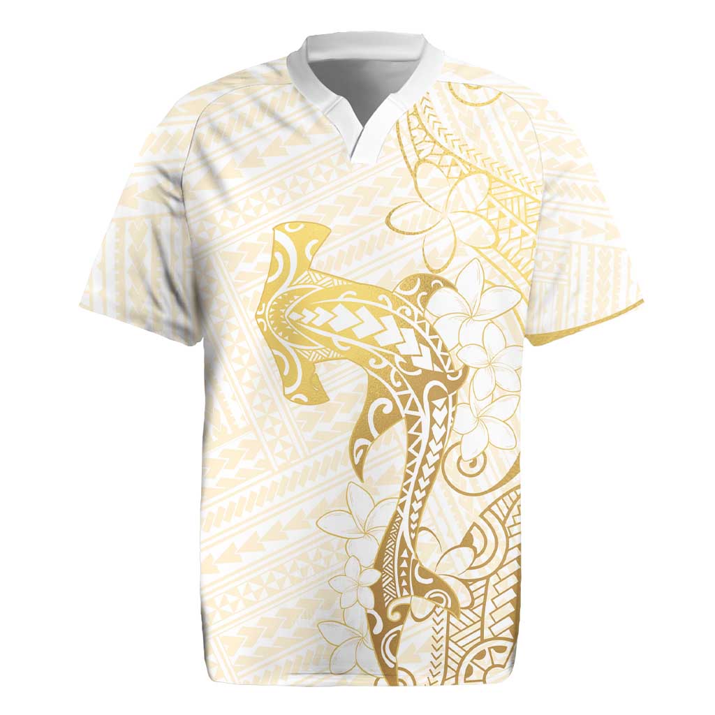 Gold and White Hawaii Rugby Jersey Hammerhead Shark Tattoo Curve Polynesian - Polynesian Pride