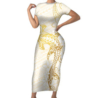Gold and White Hawaii Short Sleeve Bodycon Dress Hammerhead Shark Tattoo Curve Polynesian - Polynesian Pride