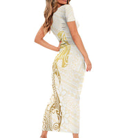 Gold and White Hawaii Short Sleeve Bodycon Dress Hammerhead Shark Tattoo Curve Polynesian - Polynesian Pride