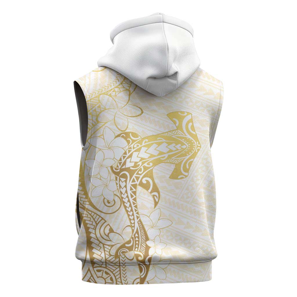 Gold and White Hawaii Sleeveless Zip Hoodie Hammerhead Shark Tattoo Curve Polynesian - Polynesian Pride