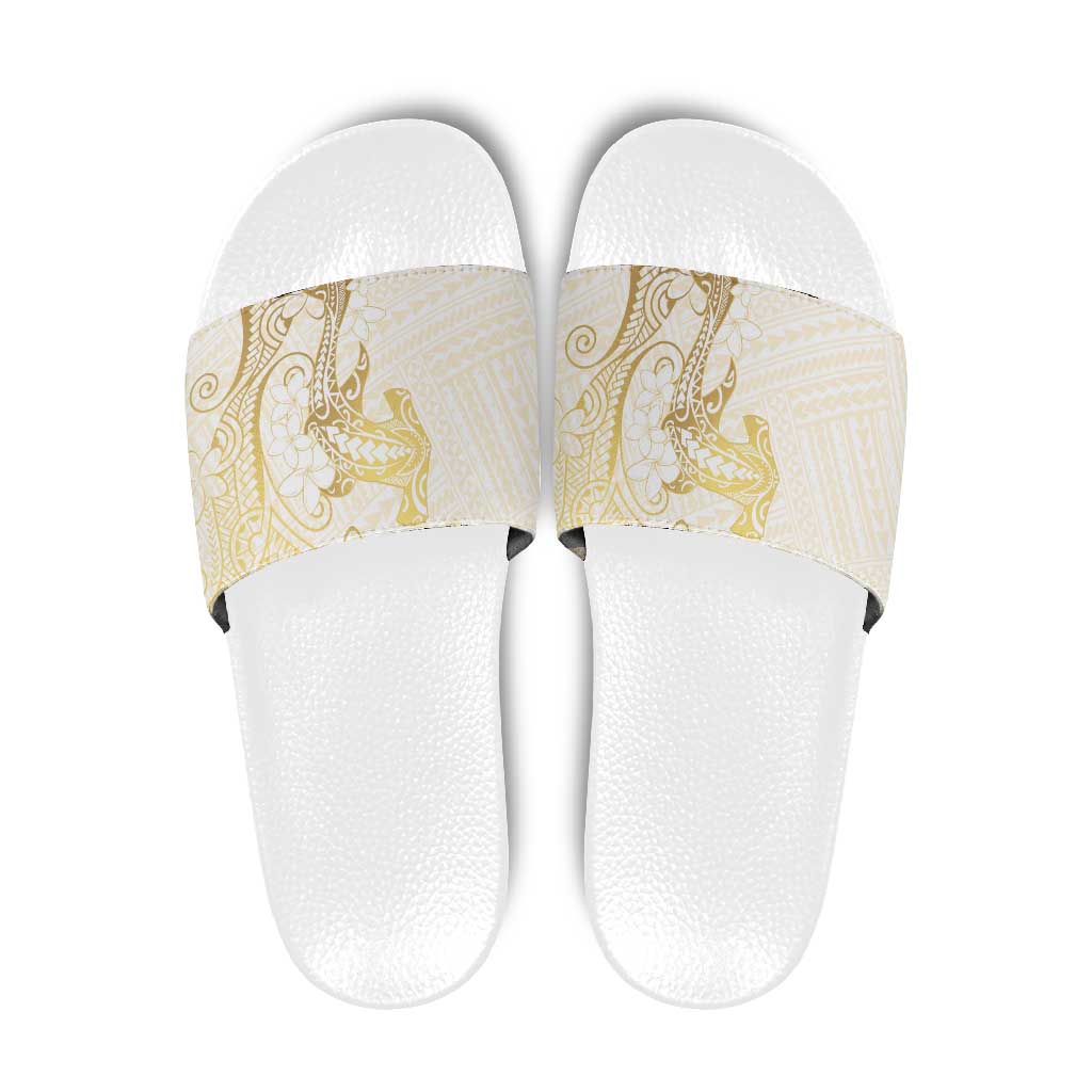 Gold and White Hawaii Slide Sandals Hammerhead Shark Tattoo Curve Polynesian - Polynesian Pride