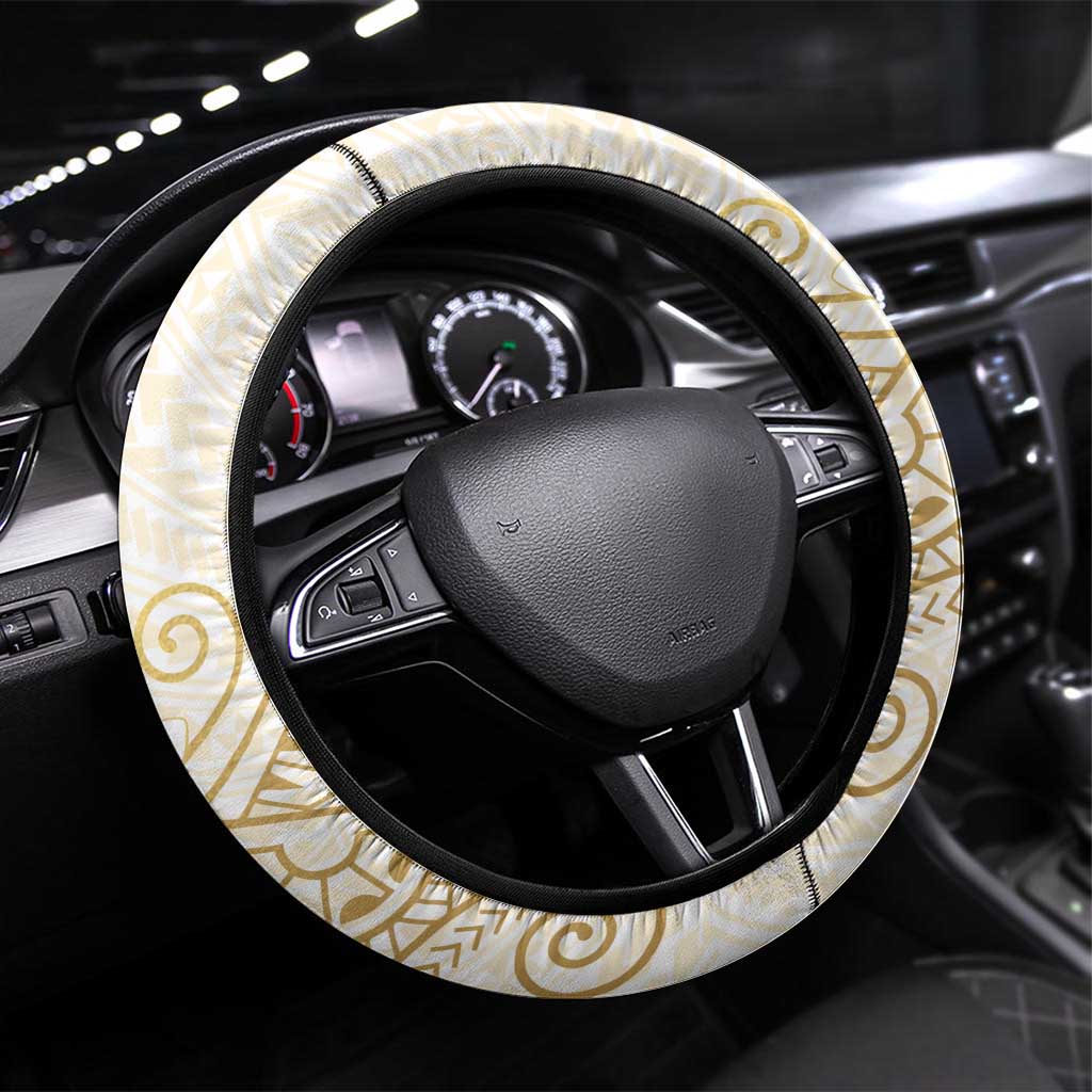 Gold and White Hawaii Steering Wheel Cover Hammerhead Shark Tattoo Curve Polynesian - Polynesian Pride