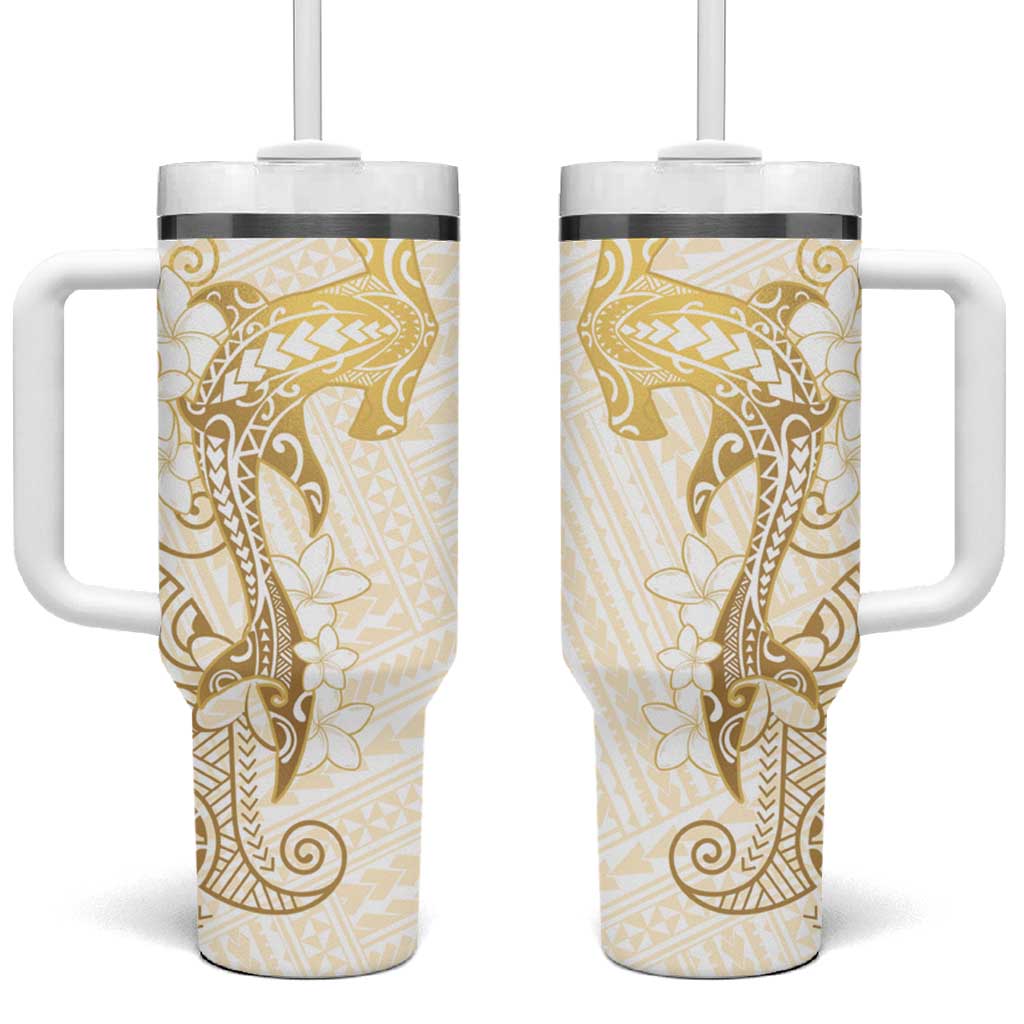 Gold and White Hawaii Tumbler With Handle Hammerhead Shark Tattoo Curve Polynesian - Polynesian Pride