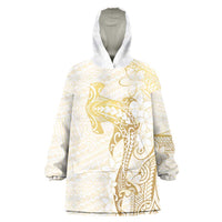 Gold and White Hawaii Wearable Blanket Hoodie Hammerhead Shark Tattoo Curve Polynesian - Polynesian Pride