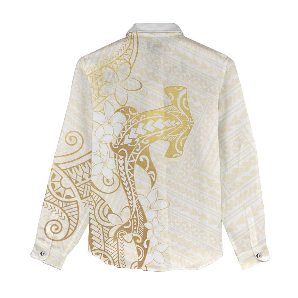 Gold and White Hawaii Women Casual Shirt Hammerhead Shark Tattoo Curve Polynesian - Polynesian Pride