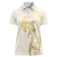 Gold and White Hawaii Women Polo Shirt Hammerhead Shark Tattoo Curve Polynesian - Polynesian Pride