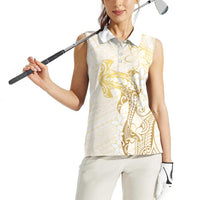 Gold and White Hawaii Women Sleeveless Polo Shirt Hammerhead Shark Tattoo Curve Polynesian - Polynesian Pride