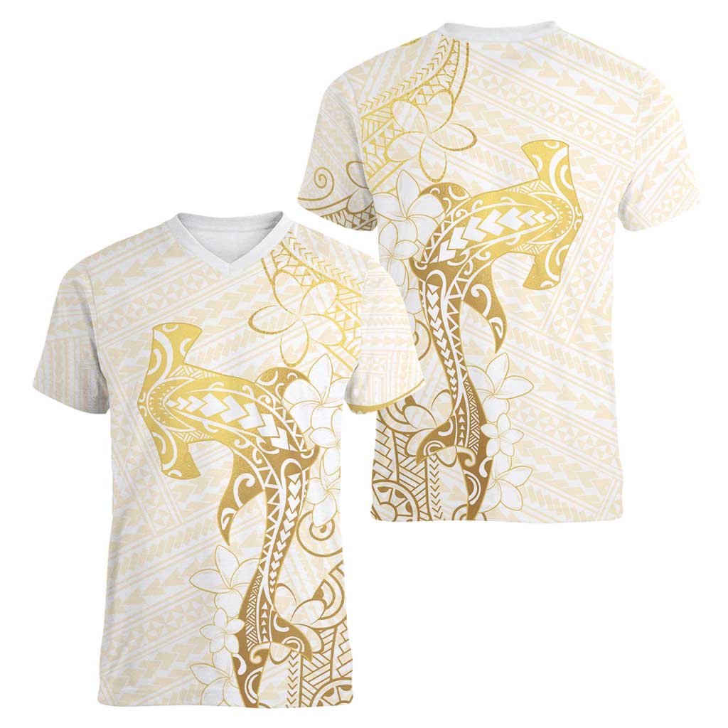 Gold and White Hawaii Women V-Neck T-Shirt Hammerhead Shark Tattoo Curve Polynesian - Polynesian Pride