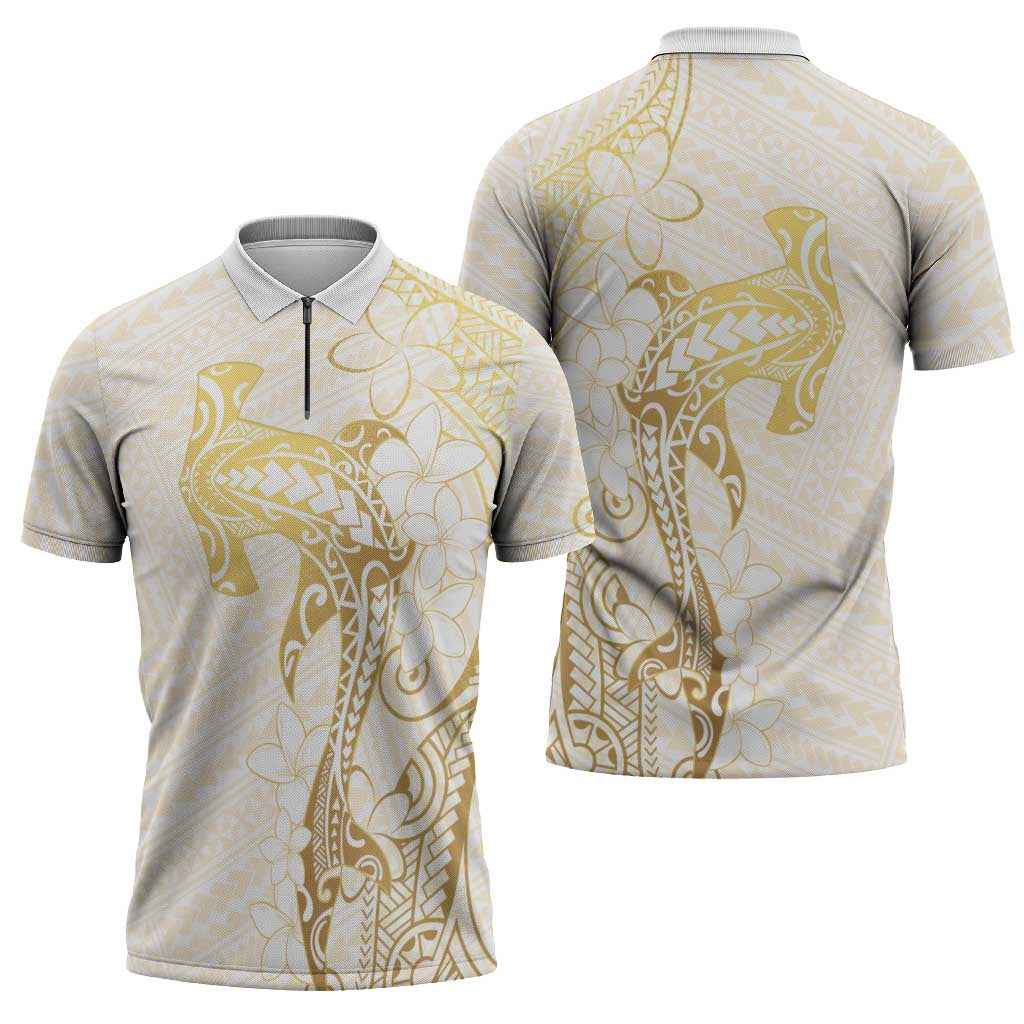 Gold and White Hawaii Zipper Polo Shirt Hammerhead Shark Tattoo Curve Polynesian - Polynesian Pride