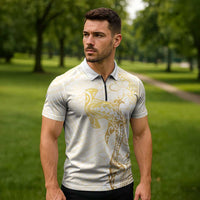 Gold and White Hawaii Zipper Polo Shirt Hammerhead Shark Tattoo Curve Polynesian - Polynesian Pride