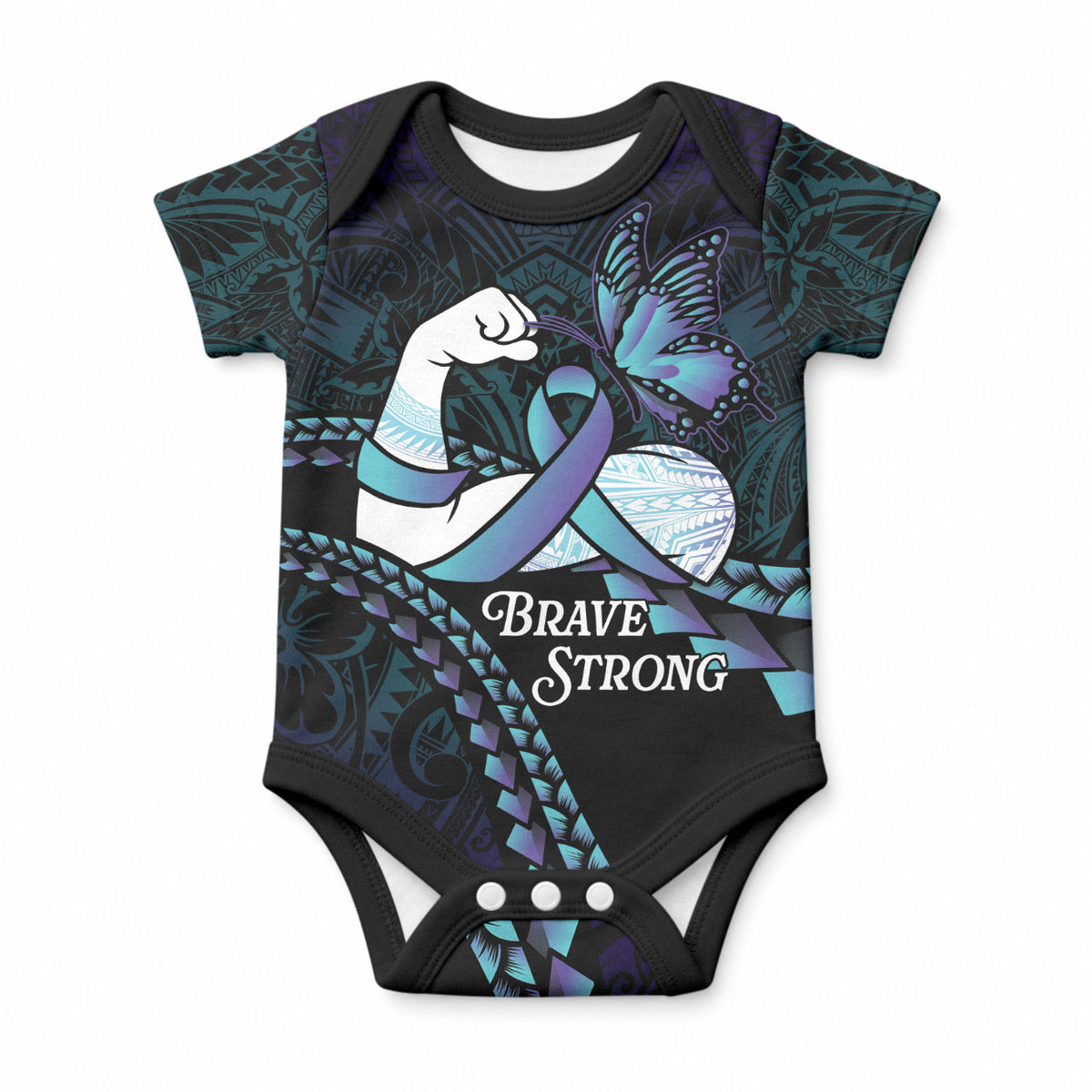 Personalised Polynesia Suicide Prevention Month Baby Onesie Brave Strong Butterfly Teal Purple Ribbon