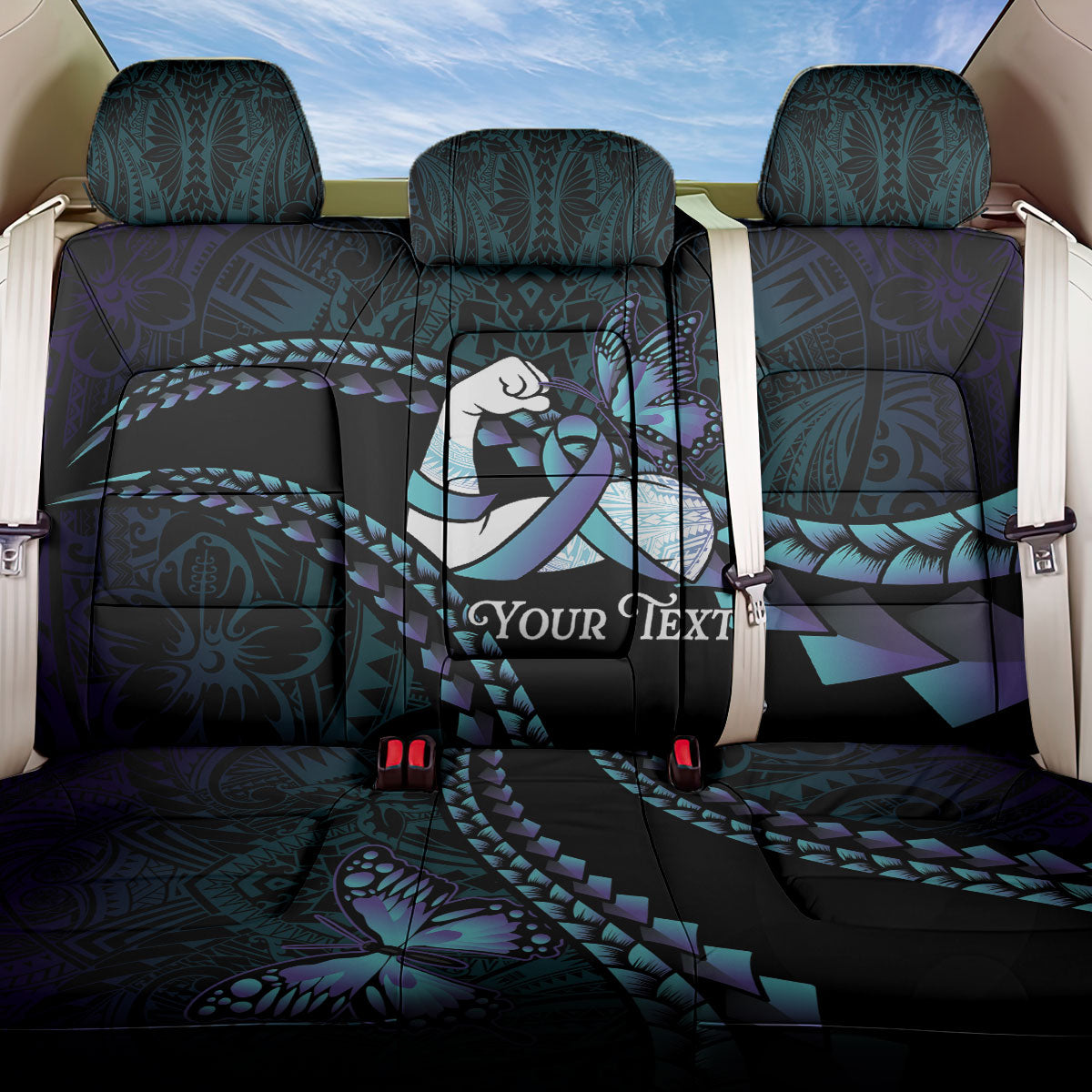 Personalised Polynesia Suicide Prevention Month Back Car Seat Cover Brave Strong Butterfly Teal Purple Ribbon