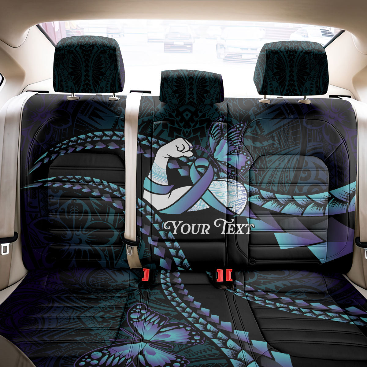 Personalised Polynesia Suicide Prevention Month Back Car Seat Cover Brave Strong Butterfly Teal Purple Ribbon