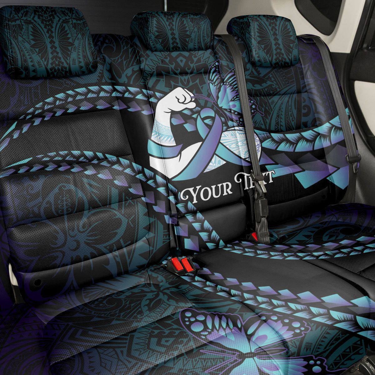 Personalised Polynesia Suicide Prevention Month Back Car Seat Cover Brave Strong Butterfly Teal Purple Ribbon