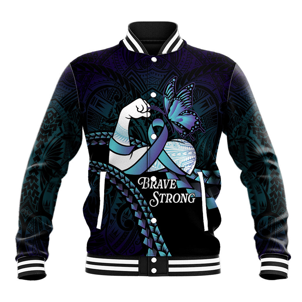 Personalised Polynesia Suicide Prevention Month Baseball Jacket Brave Strong Butterfly Teal Purple Ribbon